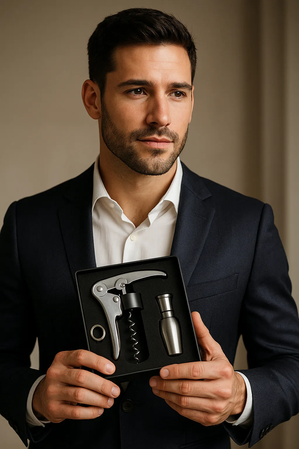 Ein Mann mit Korkenzieher-Set
